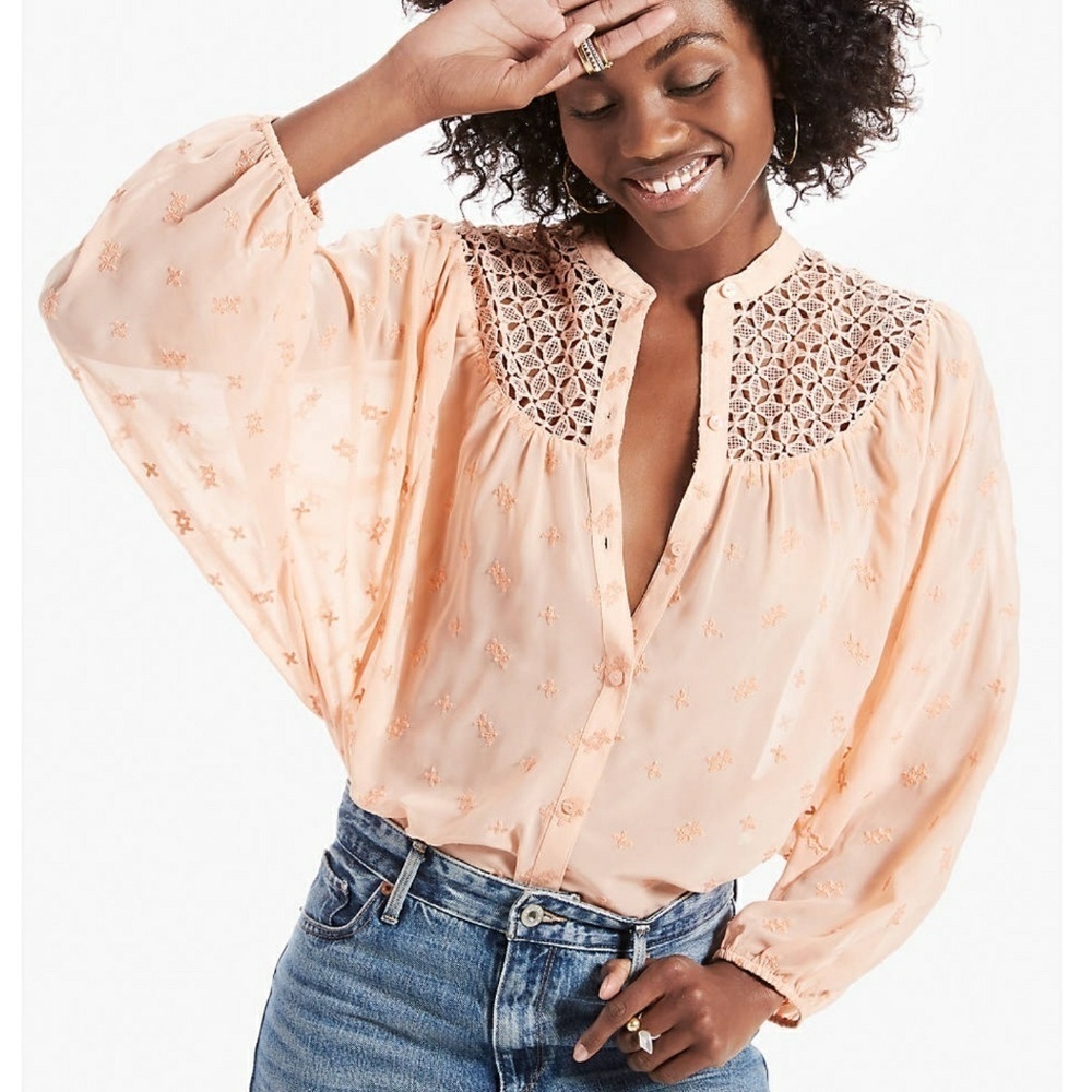 Lucky Brand Blouse Embroidered Semi-Sheer Lace Button Front Rose Tan S/M NWT - Picture 2 of 14